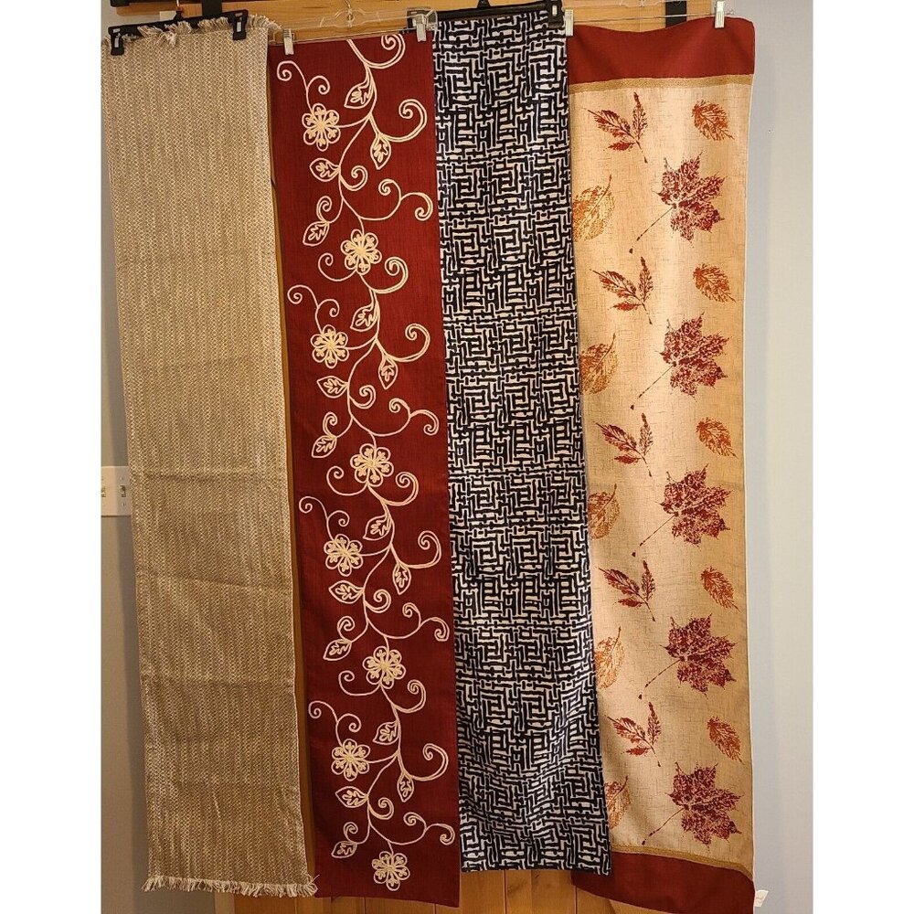 Lot of 4 Table Runners About 16 x 72” Red Blue Floral Textured Leaf Keys Neutral